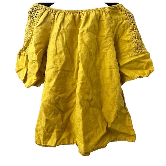Terzo Millennio Tops - Terzo Millennio Womens Top L - Linen Shirt Crochet Lace Sleeves  Casual - Yellow